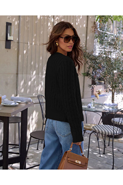 AQE FASHION Women's Sleeveless Hair Braid Patterned Crew Neck Knitwear Sweater Black