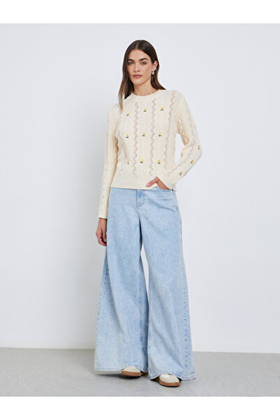 Styli Cream Floral Embroidered Cable Knit Sweater