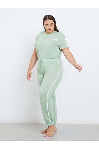 Styli Plus Slogan Print T-Shirt and Cuffed Pyjama Set