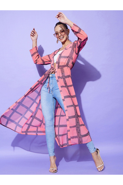 Styli Pink Checked Print Long Sleeve Shrug