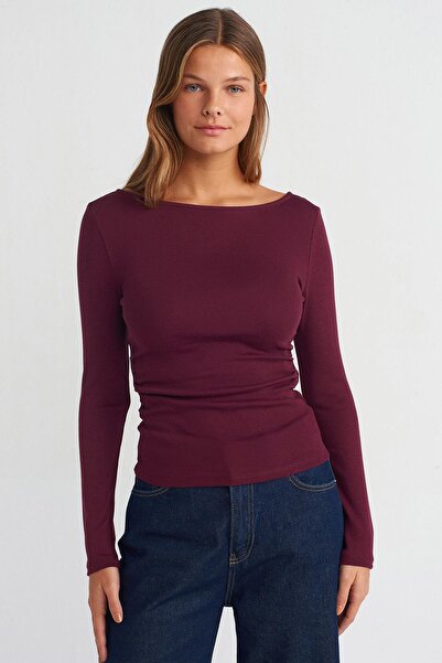 Madmext Burgundy Boat Neck Long Sleeve Women's Top Body Mg2267