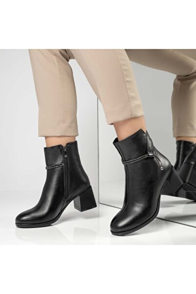 Modlet.ro Women's black genuine leather ankle boots with thick heel MOD12452