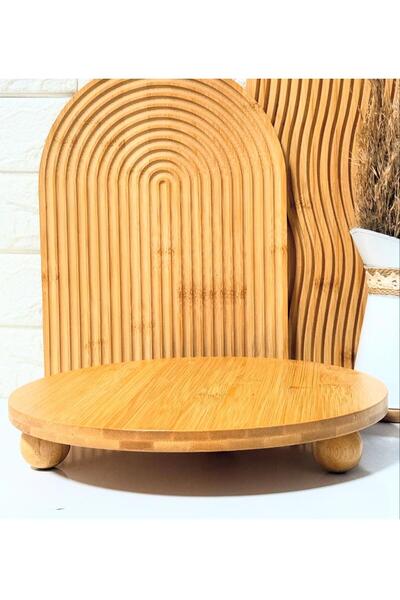 ALLEGRI Bambu Yuvarlak Top Ayaklı Sunumluk Pasta Kek Peynir Servis Tabağı 25 CM
