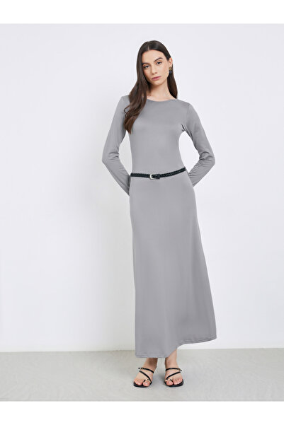 Take Two By Styli Grey Solid Midi Dress with Belt