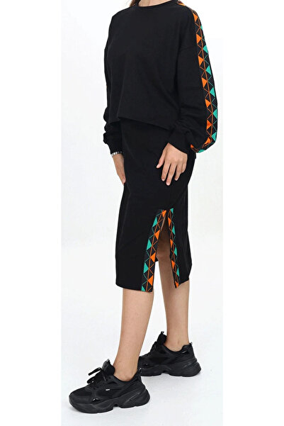 İrem Çocuk Giyim Girl's Green and Orange Striped Sweatshirt Skirt with Slit S...