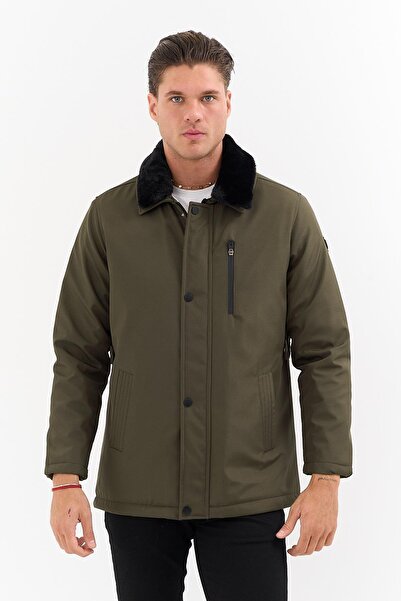 SİVAİST Men's Green Collar Detachable Fur Water-Repellent Fur-Lined Coat – Windproof, Lightweight and Durable