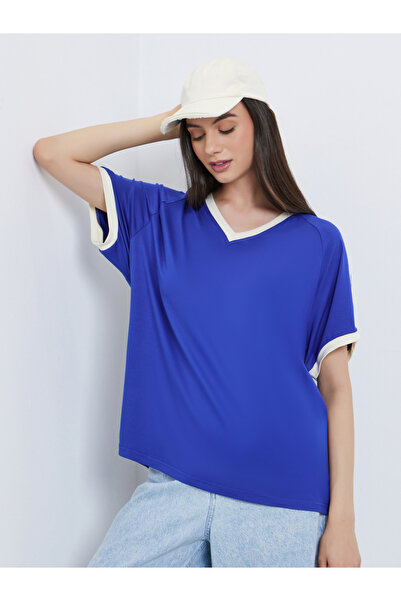 Take Two By Styli Navy Blue Oversized V-Neck T-Shirt