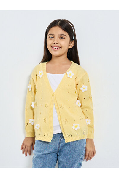 Styli كارديجان محبوك بنقشة زهور صفراء للبنات