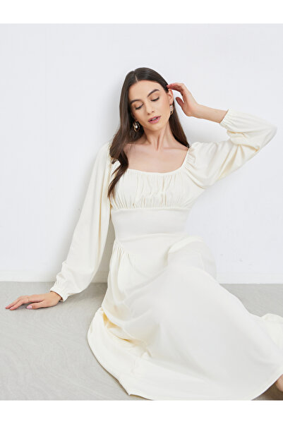 Take Two By Styli Beige Balloon Sleeve A-Line Midi Dress