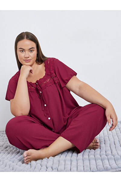Styli Plus Burgundy Lace Detail Top and Pyjama Set