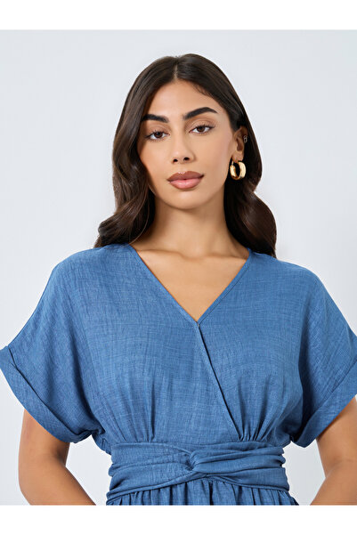 Take Two By Styli Blue Gathered Waist Midi Dress