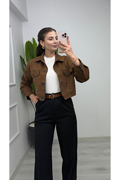 TUNAM BUTİK 2338 سترة بومبر بتفاصيل أزرار من جلد النوبوك باللون البني