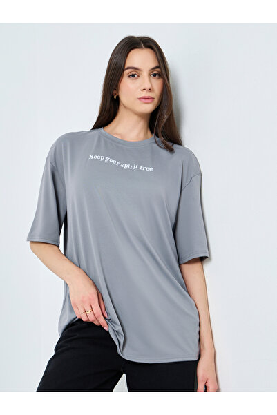 Take Two By Styli Grey Embroidered Slogan Oversized T-Shirt