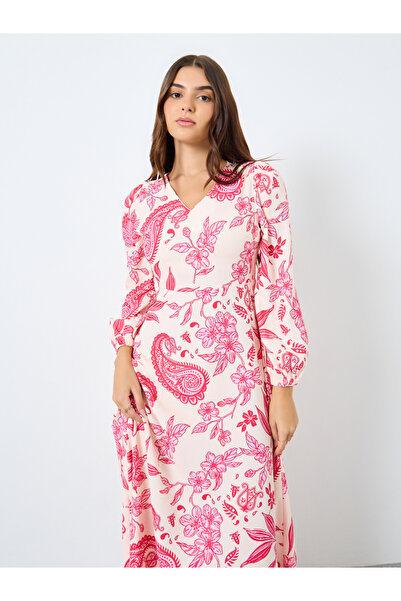 Styli All-Over Print Balloon Sleeves A-Line Maxi Dress