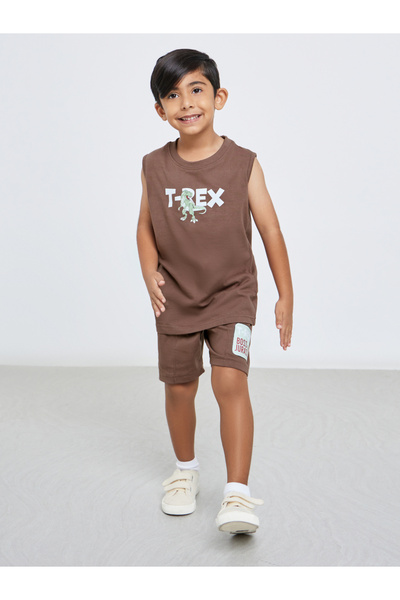 Styli Boys Brown Dinosaur Print Tank and Shorts Set