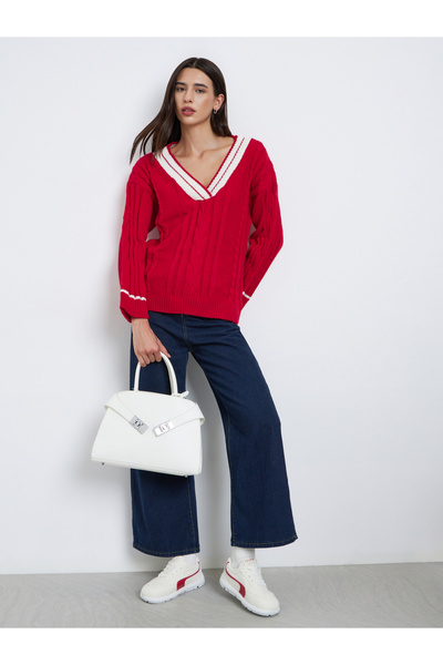 Take Two By Styli Red Cable Knit Oversized Sweater