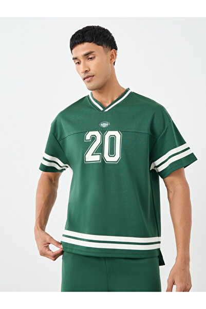 Styli Men Green V Neck Printed Boxy T-Shirt and Oversized Shorts Co-Ords