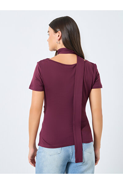 Styli Burgundy Knit Top with Tie Neck Detail
