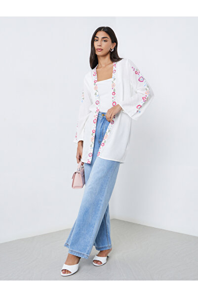 Styli Off White Regular Fit Embroidered Kimono