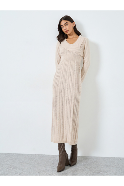 Take Two By Styli Beige Cable Knit Bodycon Midi Dress