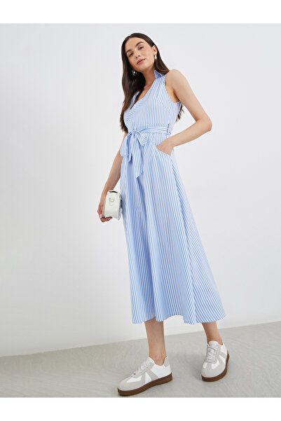 Take Two By Styli Striped Wrap Midi Dress with Waist Tie