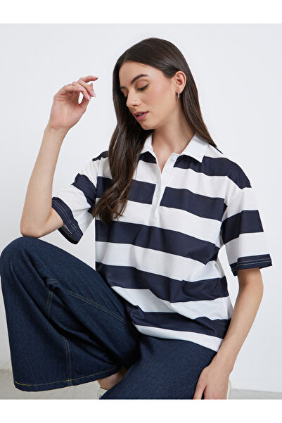 Take Two By Styli Striped Short Sleeve Polo Blouse