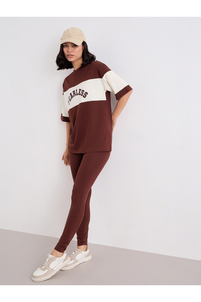 Styli Women Brown Color Block Oversized T-Shirt and Leggings Set