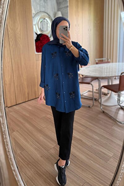 Ka Hijab Seul Çiçek İşleme Gömlek - İndigo