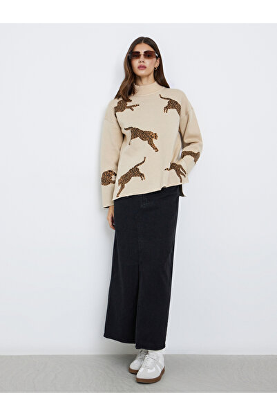 Take Two By Styli Beige Leopard Print Oversized Sweater