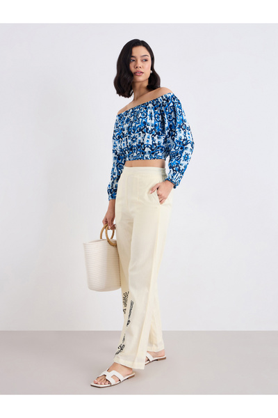 Styli Women Blue Cotton Off Shoulder Top