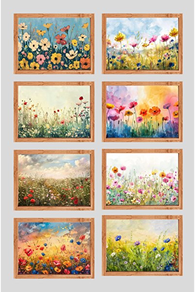 UNT Set de pictură MDF cu cadru din lemn cu flori 8 piese