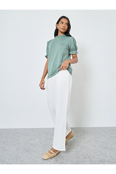 Take Two By Styli Green Textured Eyelet Puff Sleeve Blouse