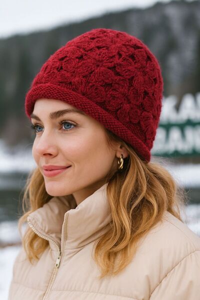 Trend Şapka 14806 Üzeri Çiçek Örgü Detaylı Bordo Triko Bere