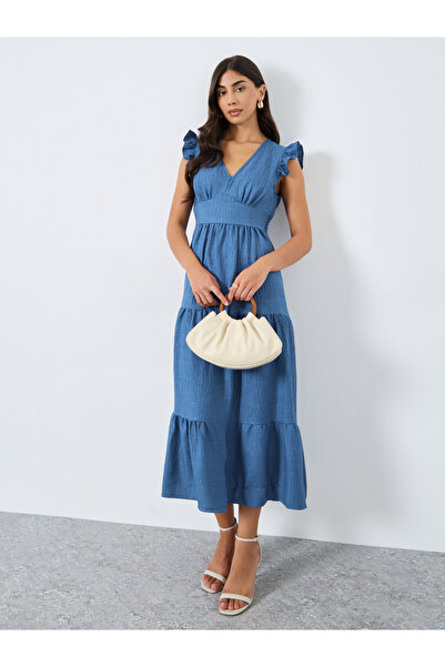 Take Two By Styli Blue Tiered Midi Dress with Ruffled Sleeve