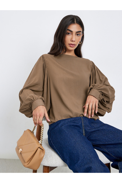 Styli Brown Balloon Sleeve Blouse