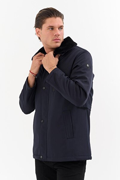 SİVAİST Men's Navy Blue Detachable Collar Fur-Lined Water-Repellent Coat with Fur Inside – Windproof, Lightweight and Da