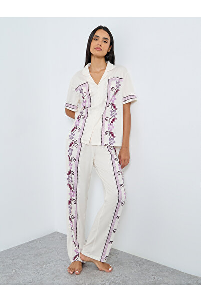 Styli Placement Floral Print Button Through Shirt and Pyjama Set