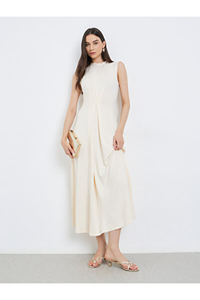 Take Two By Styli Beige Solid Center Front Pleated Midi Dress