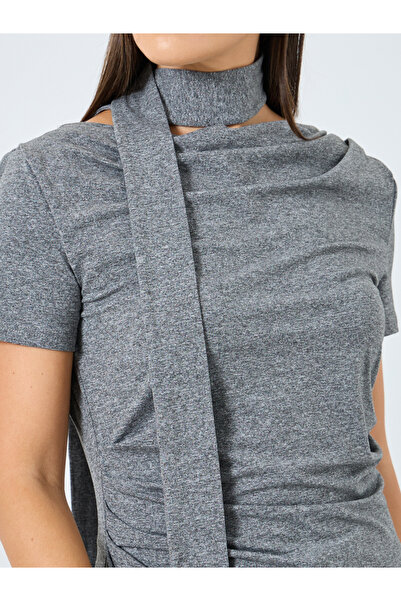 Styli Grey Knit Top with Tie Neck Detail