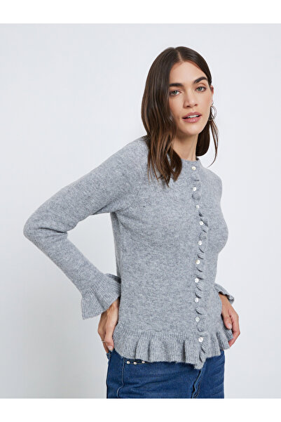 Styli Grey Regular Fit Ruffle Trim Knit Cardigan