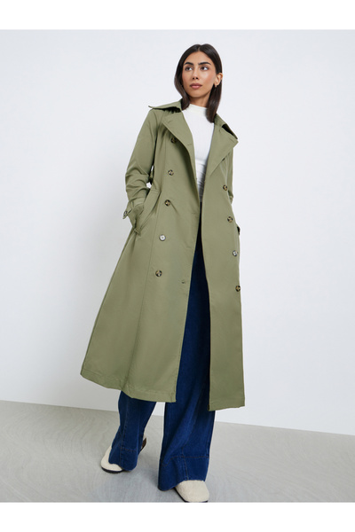 Styli Khaki Double Breasted Midi Trench Coat
