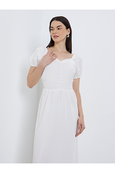 Take Two By Styli Solid Puff Sleeve Sweetheart Neck Midi Dress
