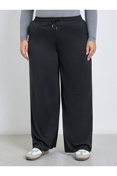Styli Plus Black Wide Leg Joggers with Drawstring Waist