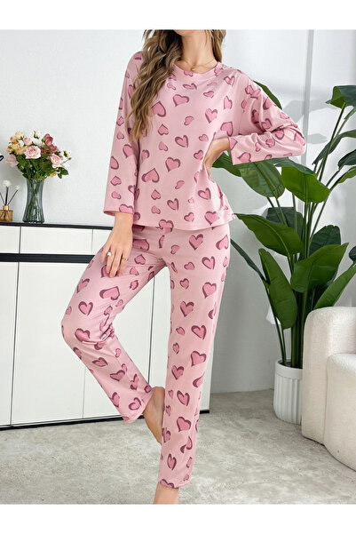 Take Two By Styli Women Heart Print T-Shirt and Pyjama Set