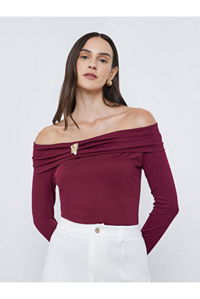 Styli Burgundy Off-Shoulder Long Sleeve Knit Top