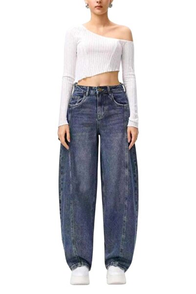 FashionForYou Blugi loose fit BARREL si cusaturi evidentiate, Bleumarin