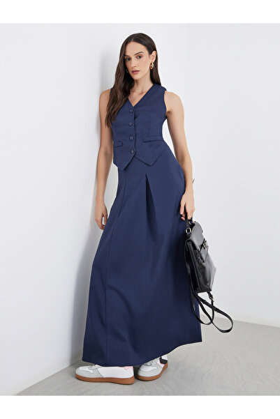 Styli Navy Blue Waistcoat and Maxi Skirt Co-Ords