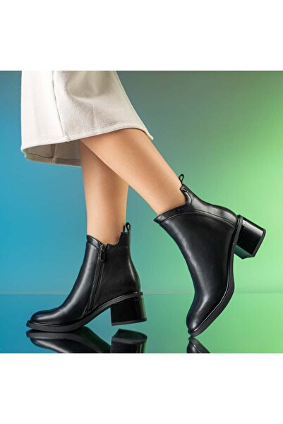 Modlet.ro Women's black leather chunky heeled ankle boots MOD14043