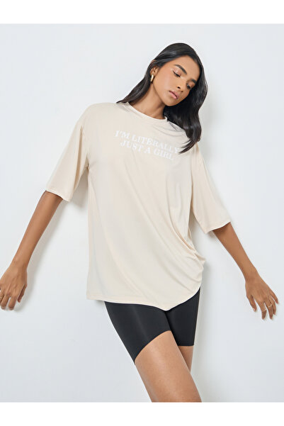 Take Two By Styli Cream Slogan Print Oversized T-Shirt