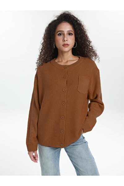 Take Two By Styli Plus Size Brown Button Front Knit Cardigan
